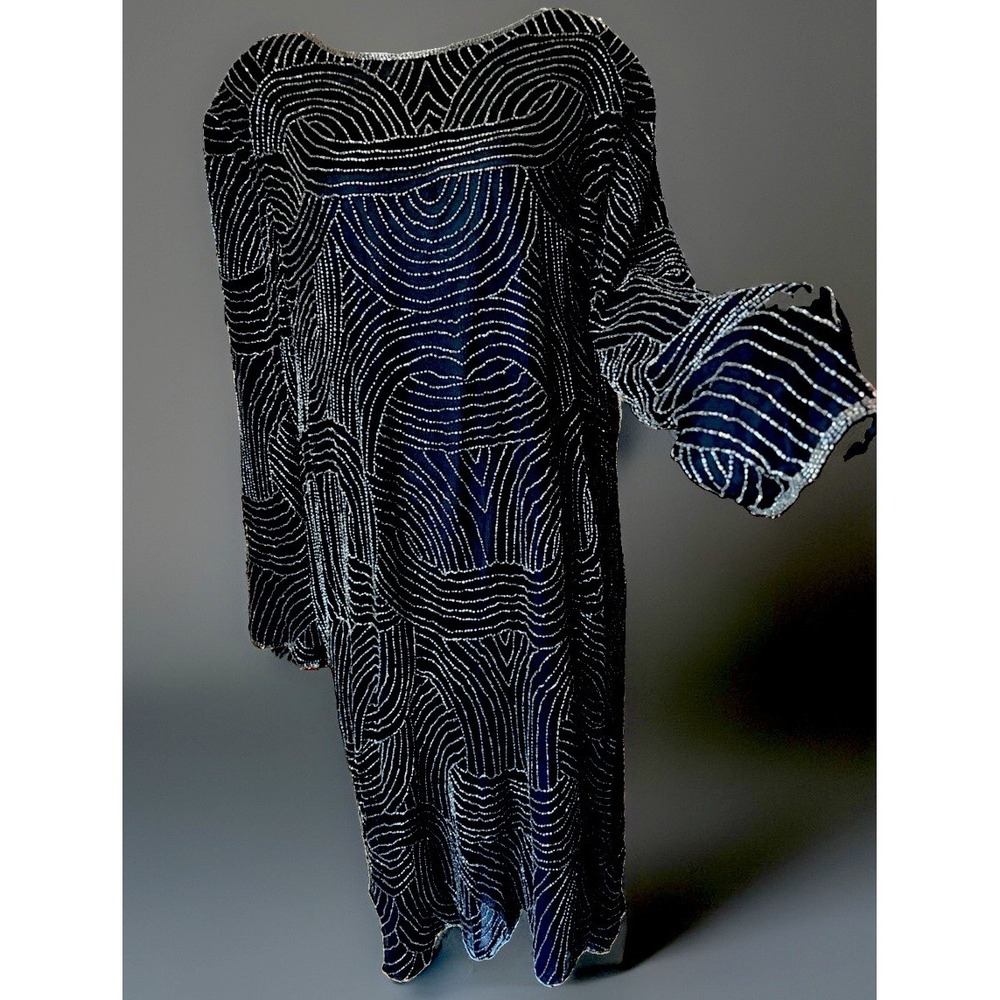 Vtg 1980s Joseph Le Bon Black Silk Beaded Shimmer Cocktail Dress Flapper XL-1X